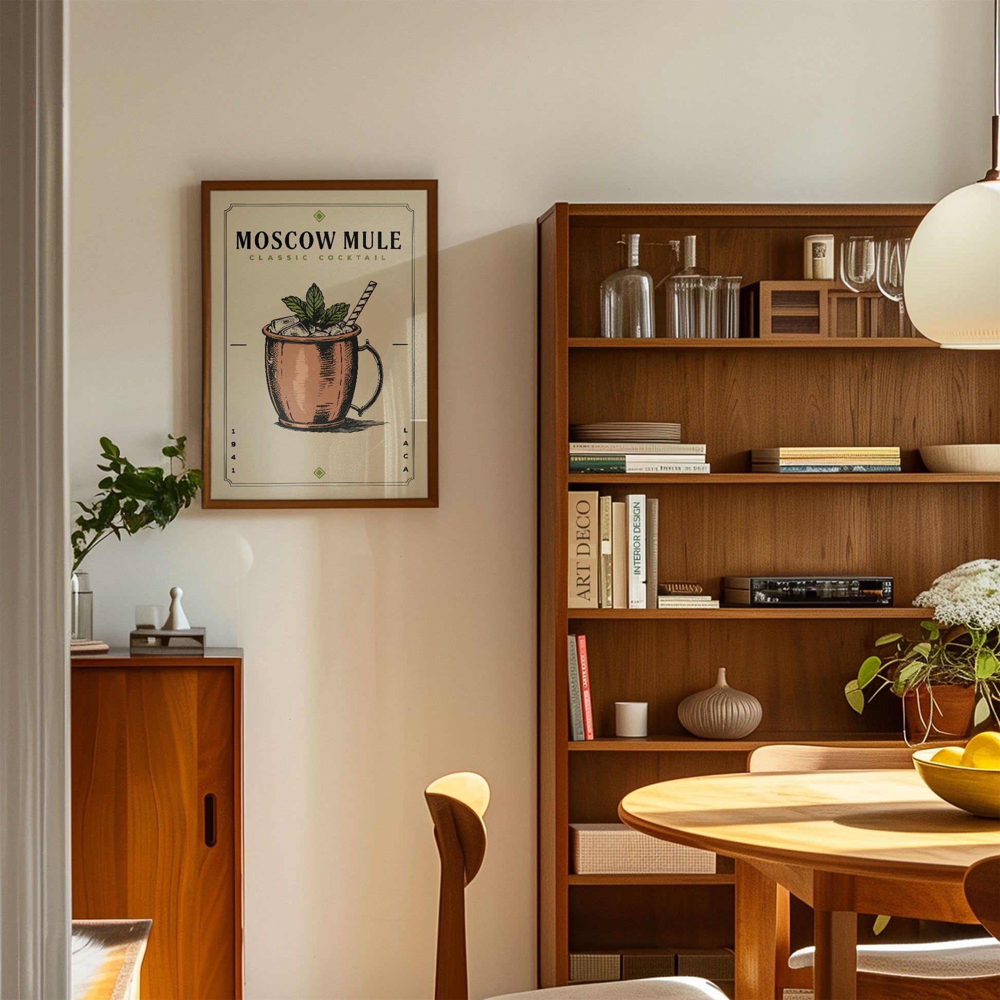 a cozy living room with a wooden bookshelf, a framed poster of a Moscow Mule, and a wooden cabinet. The room has a warm and inviting atmosphere, with a dining table and chairs in the foreground.