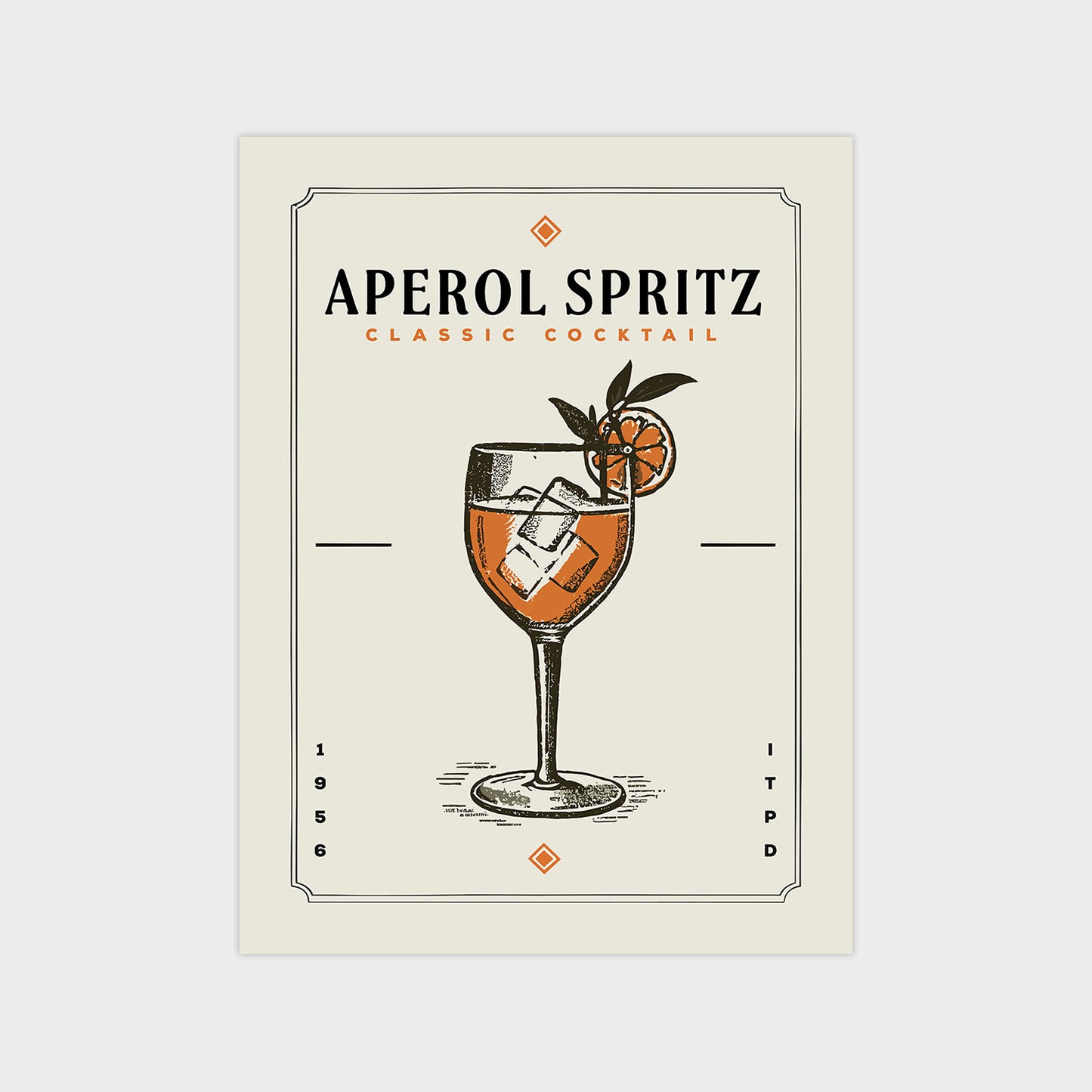 a cocktail glass with an orange drink and ice, along with a lemon slice, and the text "APEROL SPRITZ CLASSIC COCKTAIL" and "ITPD" indicating the brand and type of the cocktail.