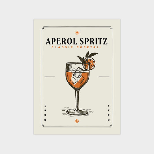 a cocktail glass with an orange drink and ice, along with a lemon slice, and the text "APEROL SPRITZ CLASSIC COCKTAIL" and "ITPD" indicating the brand and type of the cocktail.