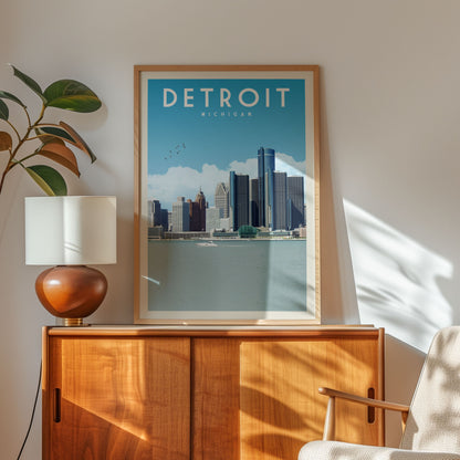 a framed poster of the Detroit skyline, with a wooden cabinet and a lamp in the foreground.