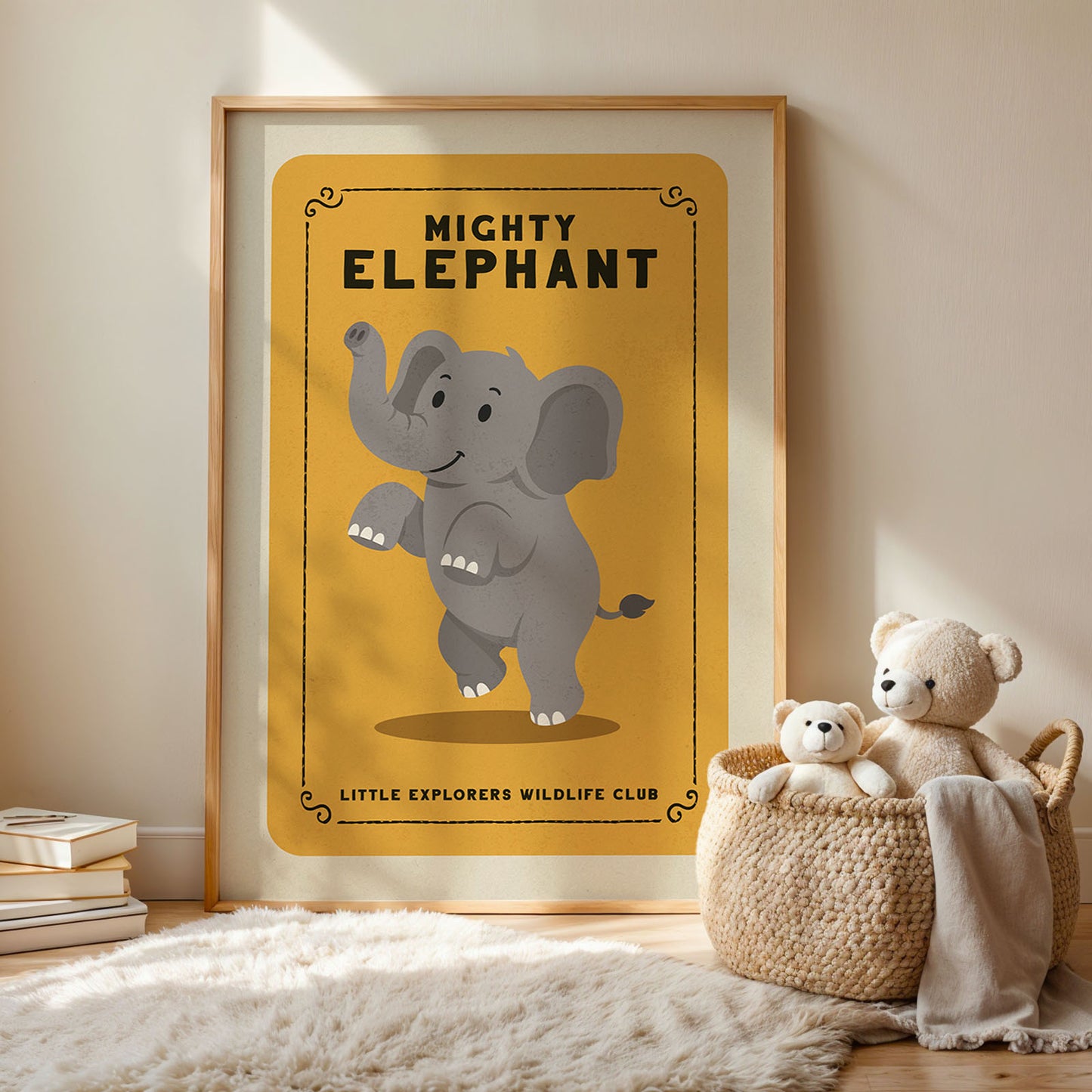 a framed poster of a cartoon elephant, with a basket of stuffed animals next to it, and a rug on the floor.