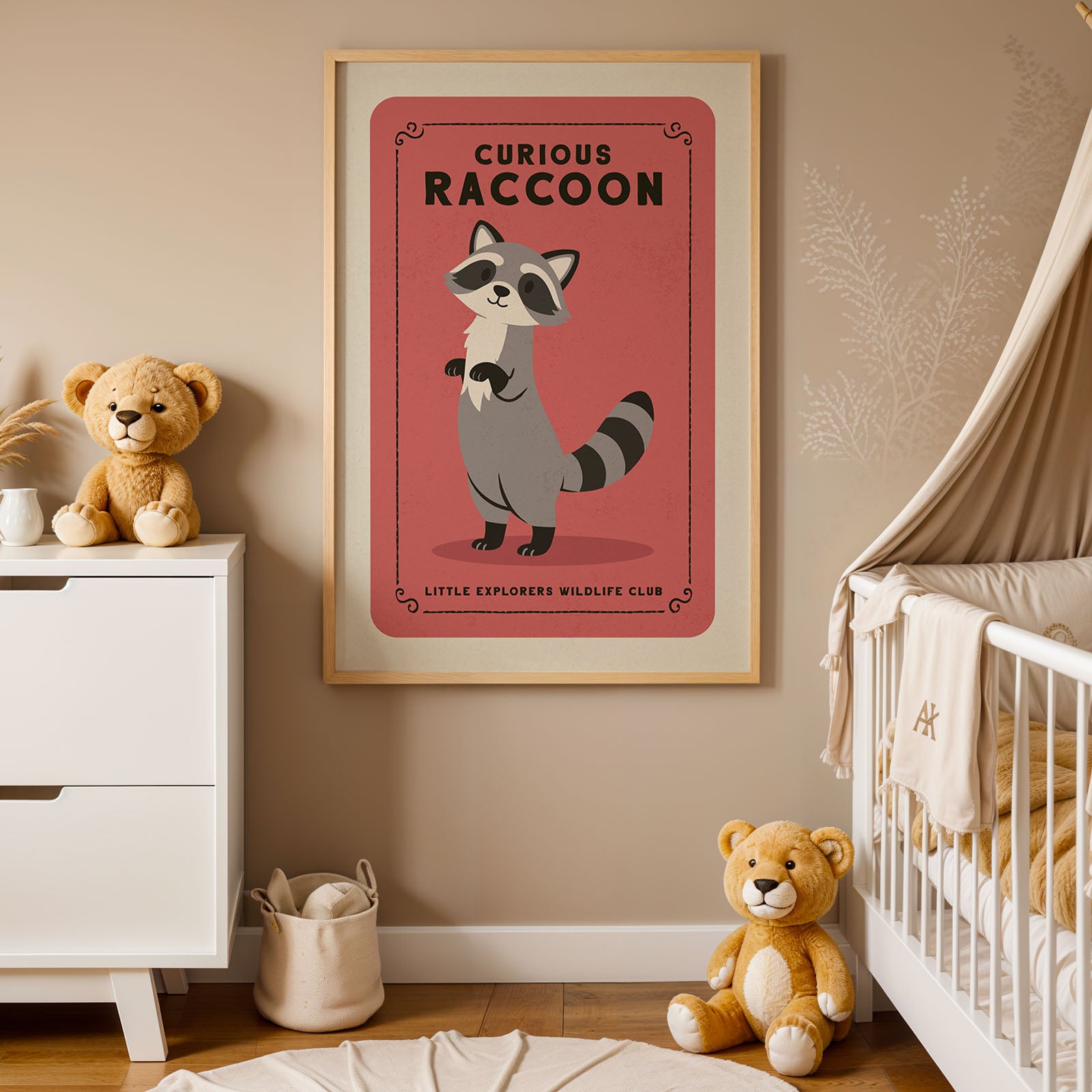 a nursery decorated with a framed poster of a curious raccoon, a teddy bear, and a baby crib.