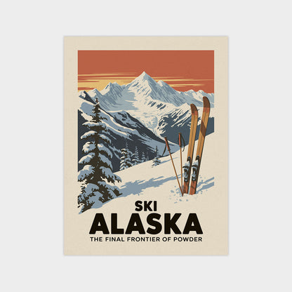 A vintage-style poster depicting a snowy mountain landscape with ski equipment, including skis and poles, against a warm orange and red sky.