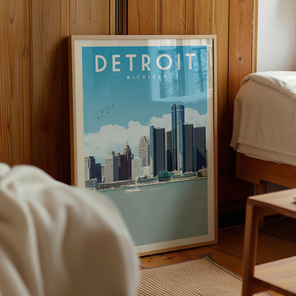 A framed poster of the Detroit skyline is displayed in a room with wooden paneling.