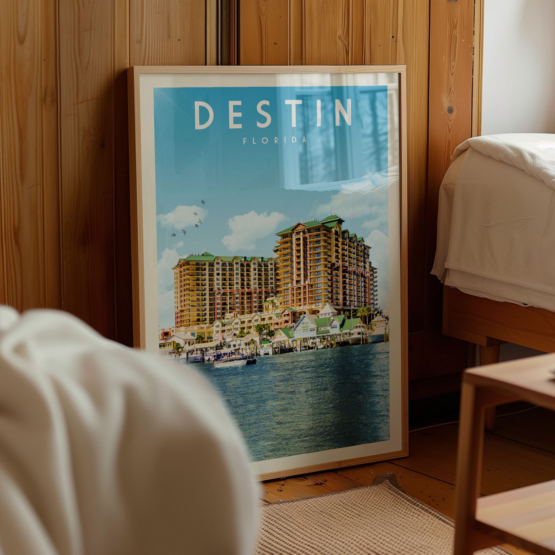 A framed poster of a beach resort in Destin, Florida, with a large building and a body of water in the background.