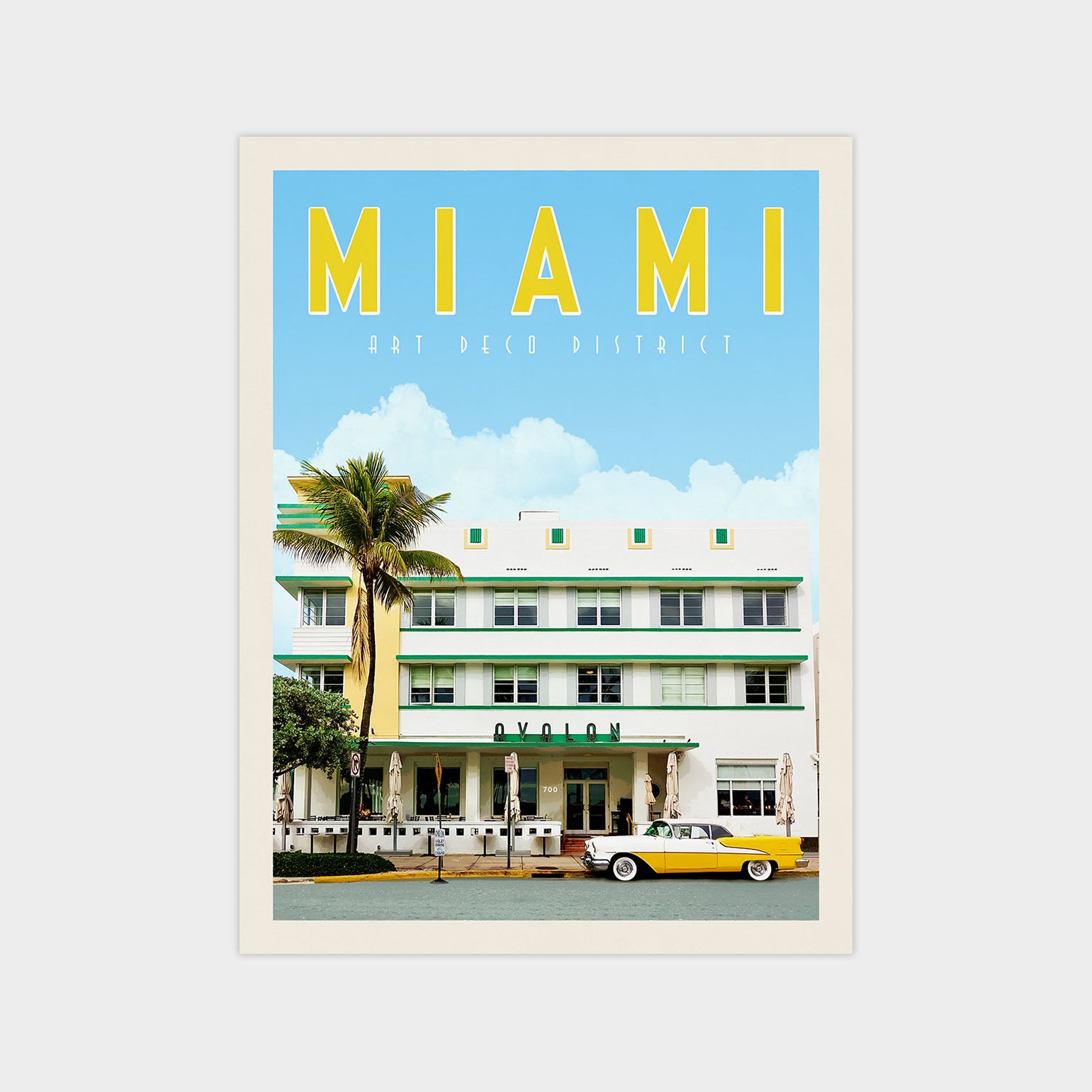 A vintage-style poster of a building with a palm tree in front, featuring a classic car parked in front of it.