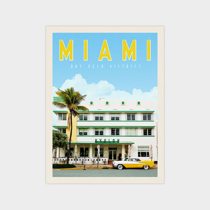 A vintage-style poster of a building with a palm tree in front, featuring a classic car parked in front of it.