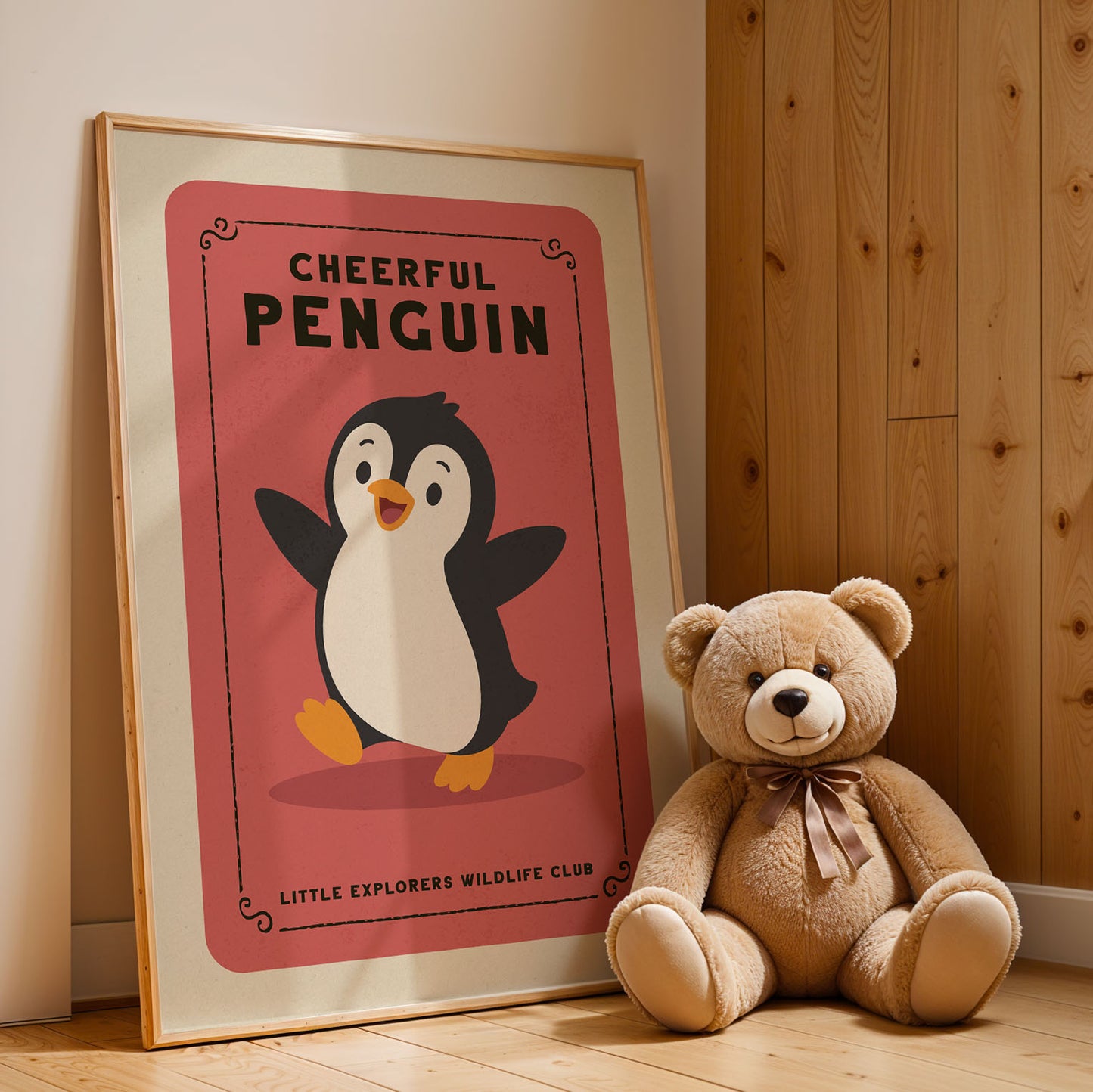 A framed poster of a cheerful penguin is leaning against a wooden wall, accompanied by a teddy bear sitting next to it.