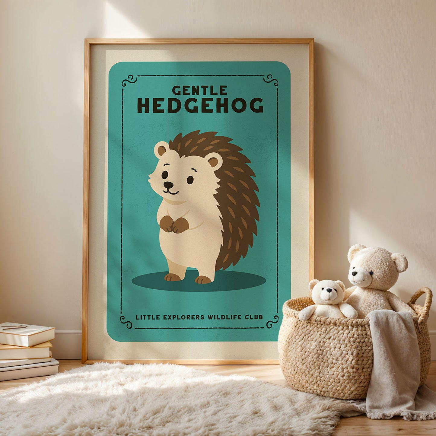 a framed poster of a hedgehog, with a basket of stuffed animals next to it on a rug.