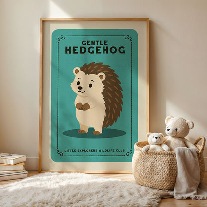 a framed poster of a hedgehog, with a basket of stuffed animals next to it on a rug.