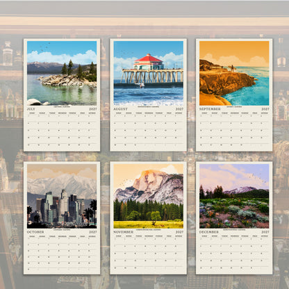 The image is a calendar with six different pictures of landscapes, including mountains, forests, and coastal scenes, arranged in a grid format.
