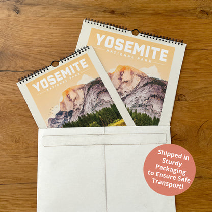 A calendar for Yosemite National Park is placed inside a white envelope, with a shipping label visible.