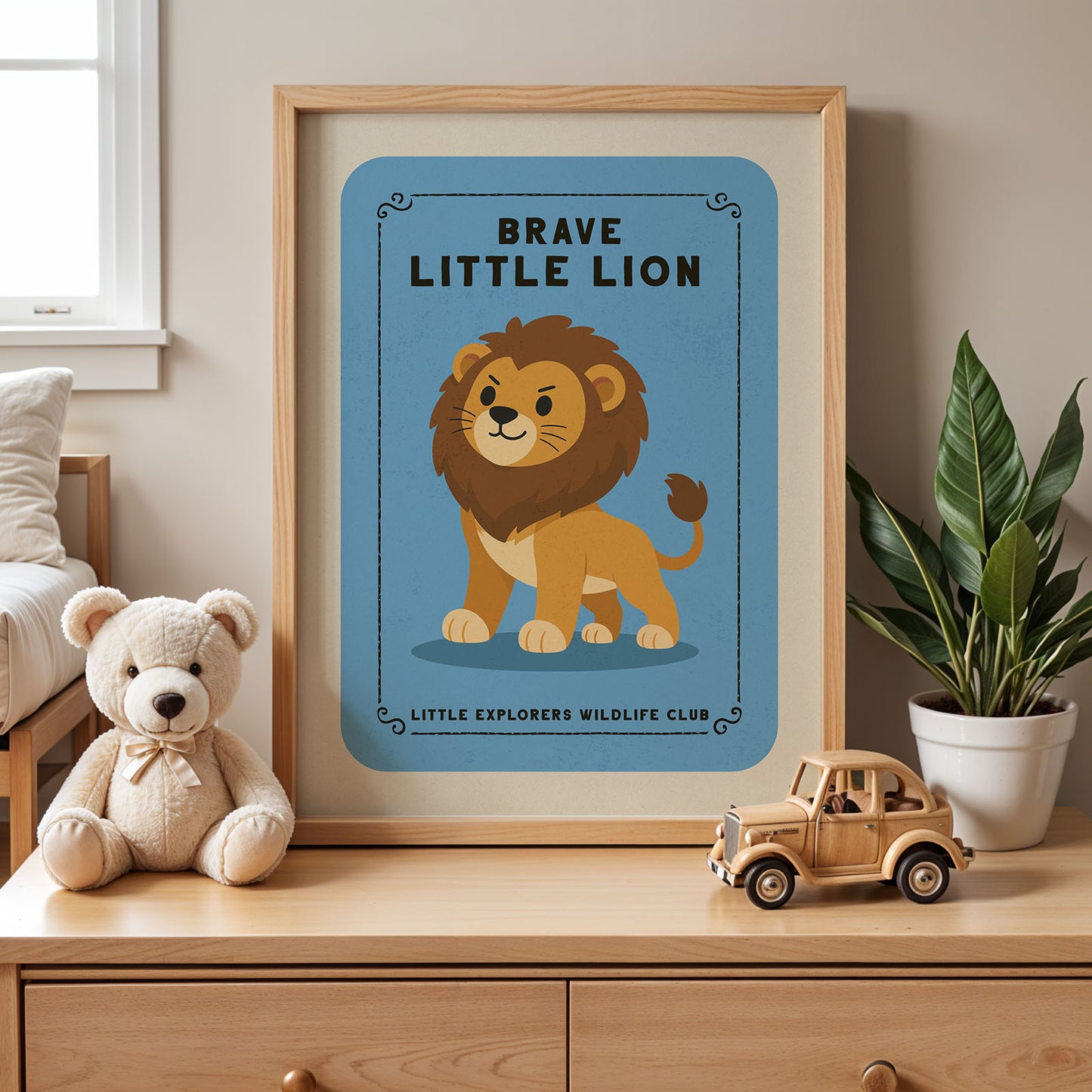 a framed poster of a lion, a teddy bear, and a toy truck on a wooden dresser.