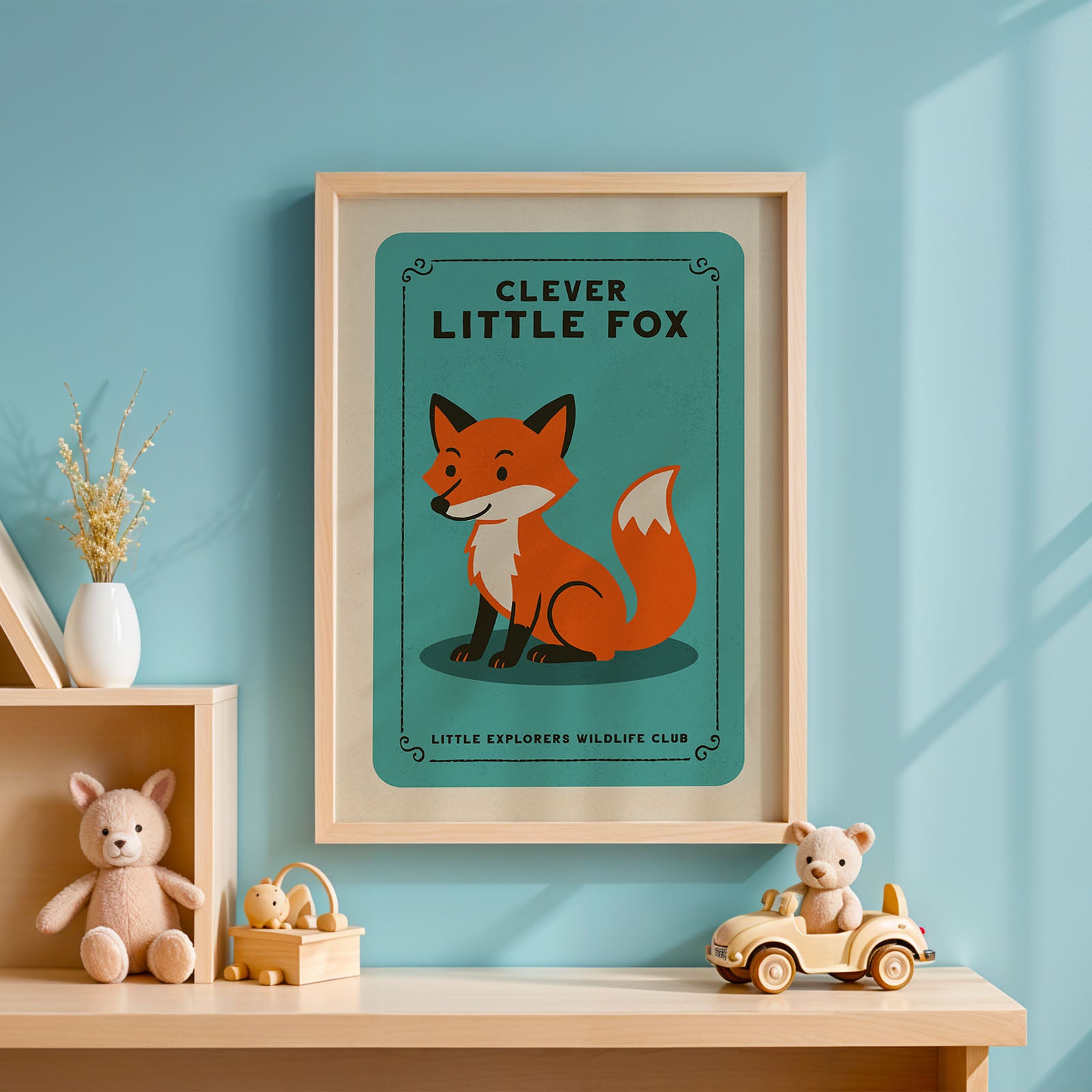 a framed poster of a cartoon fox on a blue background, hanging on a wall above a wooden shelf with various toys and decorations.
