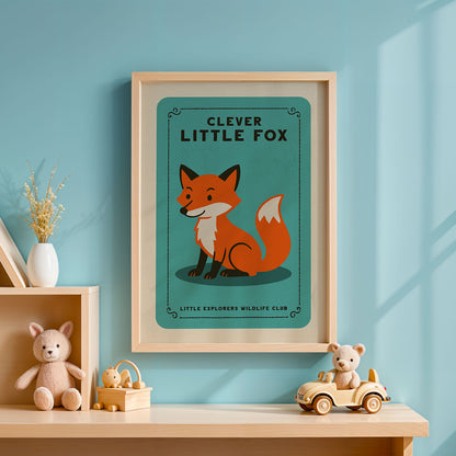 a framed poster of a cartoon fox on a blue background, hanging on a wall above a wooden shelf with various toys and decorations.