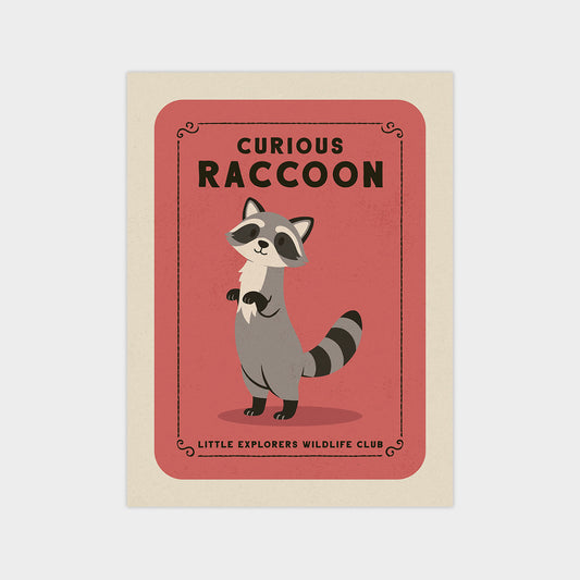 a raccoon standing on its hind legs, with the text "CURIOUS RACCOON" and "LITTLE EXPLORERS WILDLIFE CLUB" displayed on the image.