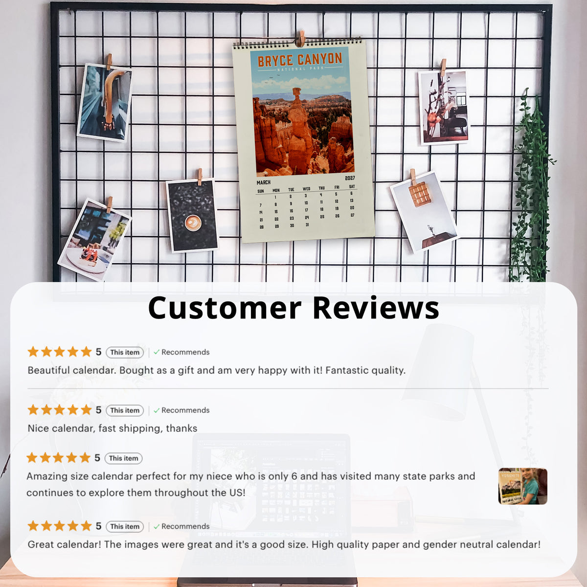 The image is a collage of customer reviews for a calendar, featuring photos of the calendar and various customer feedback.