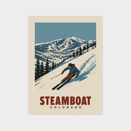 A vintage-style illustration of a skier descending a snowy mountain slope, with the text "STEAMBOAT COLORADO" prominently displayed.