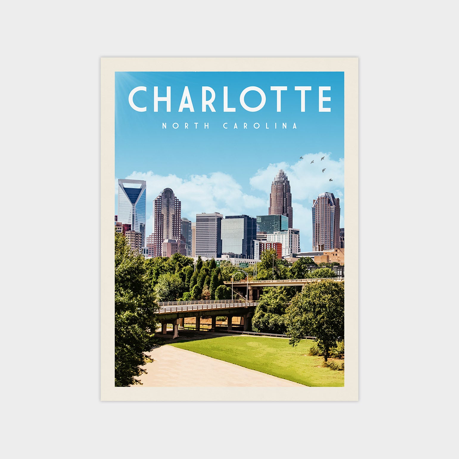 A poster of the Charlotte, North Carolina skyline, featuring the city's iconic skyscrapers and a bridge over a park.