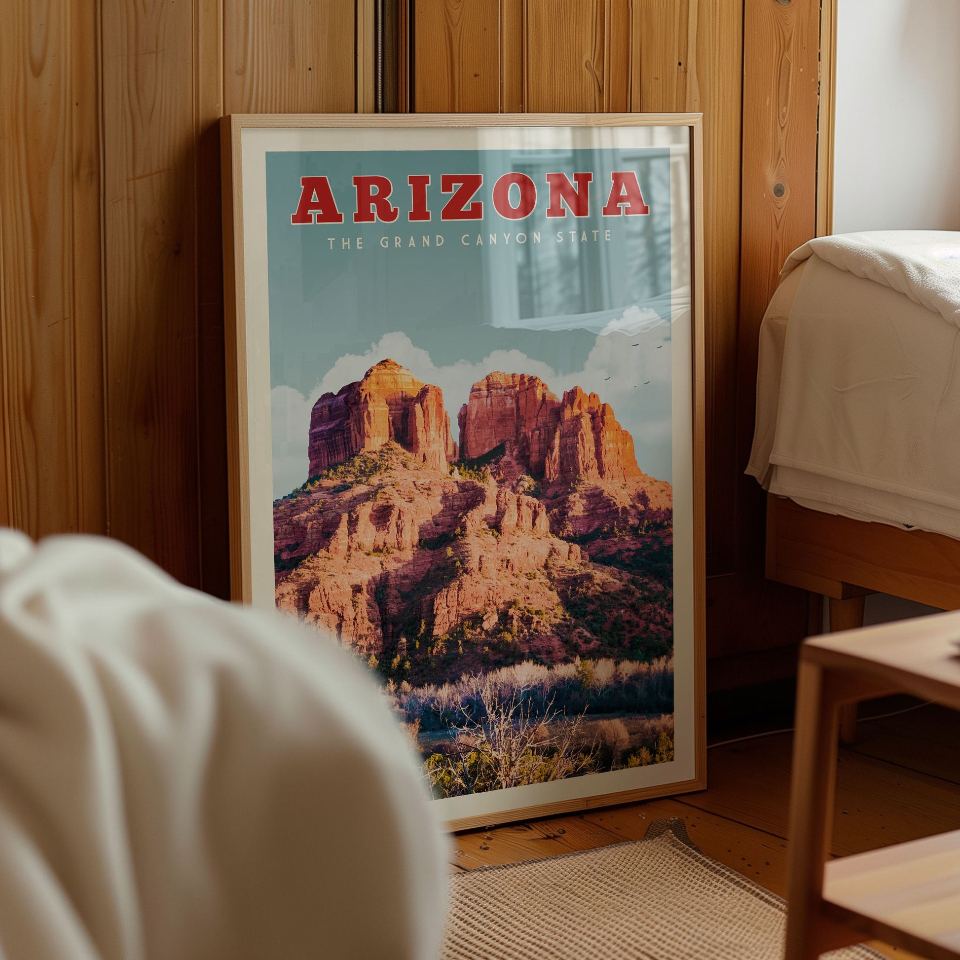 A framed poster of the Grand Canyon State of Arizona, featuring a scenic image of the iconic rock formations.