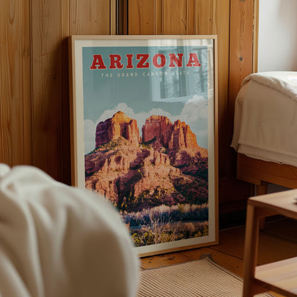 A framed poster of the Grand Canyon State of Arizona, featuring a scenic image of the iconic rock formations.