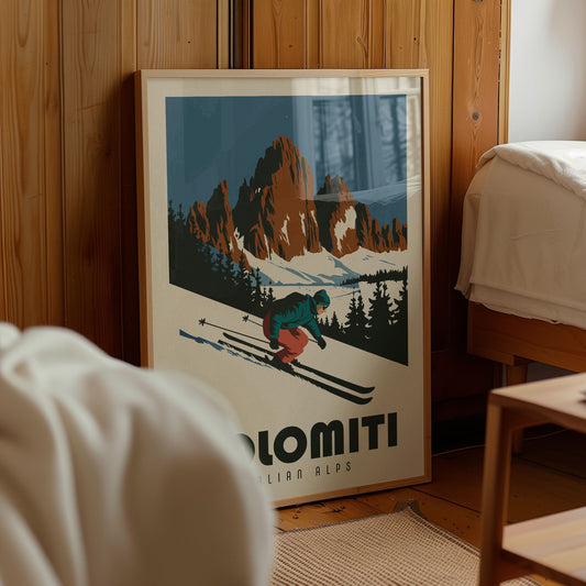A framed poster of a skier in a mountainous landscape, with the text "DOLOMITI ITALIAN ALPS" printed on it.