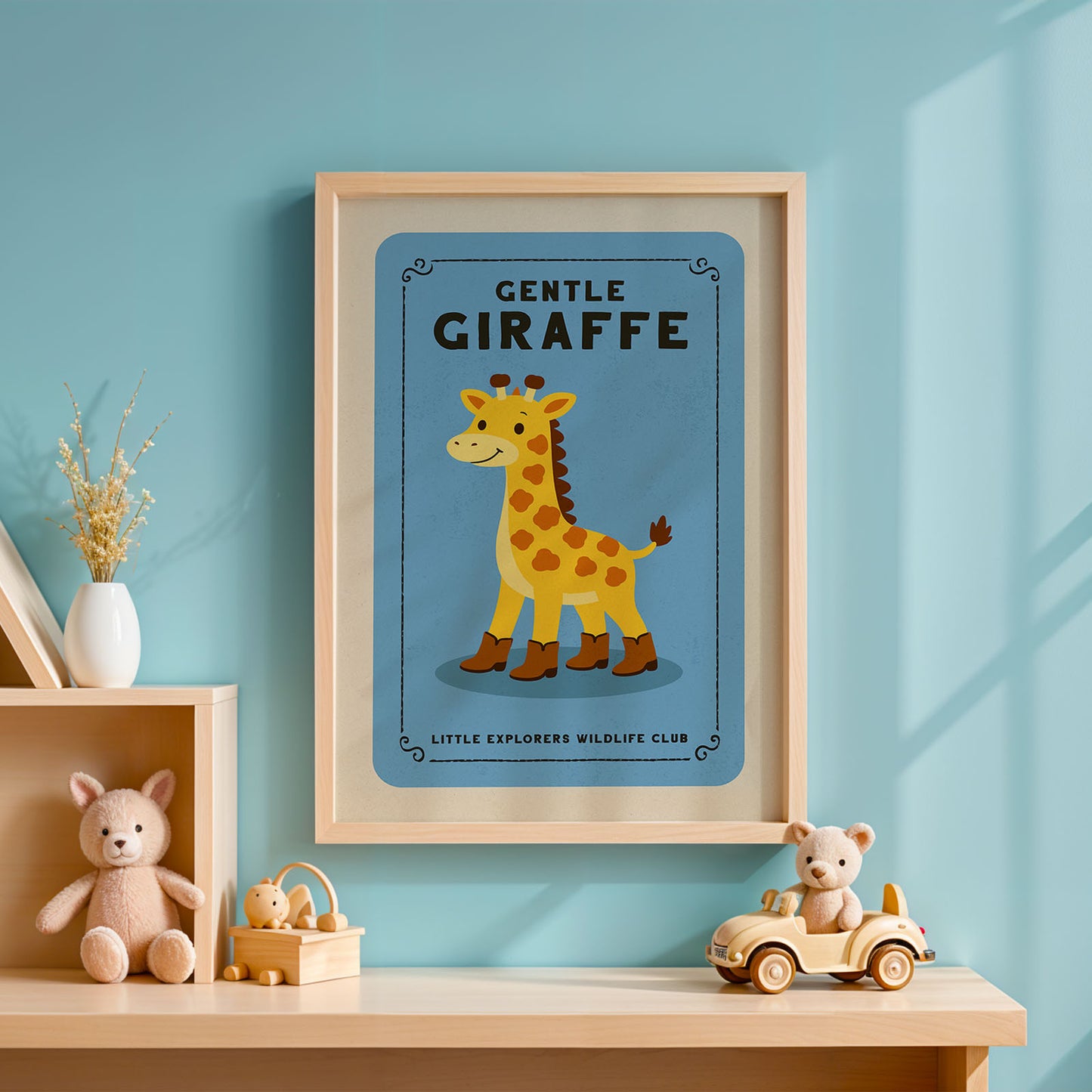 a framed poster of a giraffe on a blue background, with a wooden shelf below it holding a stuffed animal and a toy car.