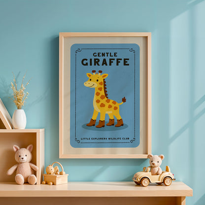 a framed poster of a giraffe on a blue background, with a wooden shelf below it holding a stuffed animal and a toy car.