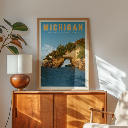 a framed poster of the Great Lakes State, with a scenic view of the lake and surrounding landscape.