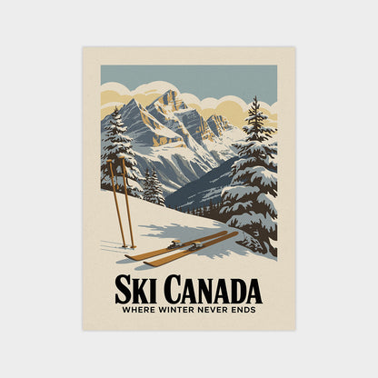 A vintage-style poster depicting a snowy mountain landscape with ski equipment, including skis and ski poles, and the text "Ski Canada" and "Where winter never ends".