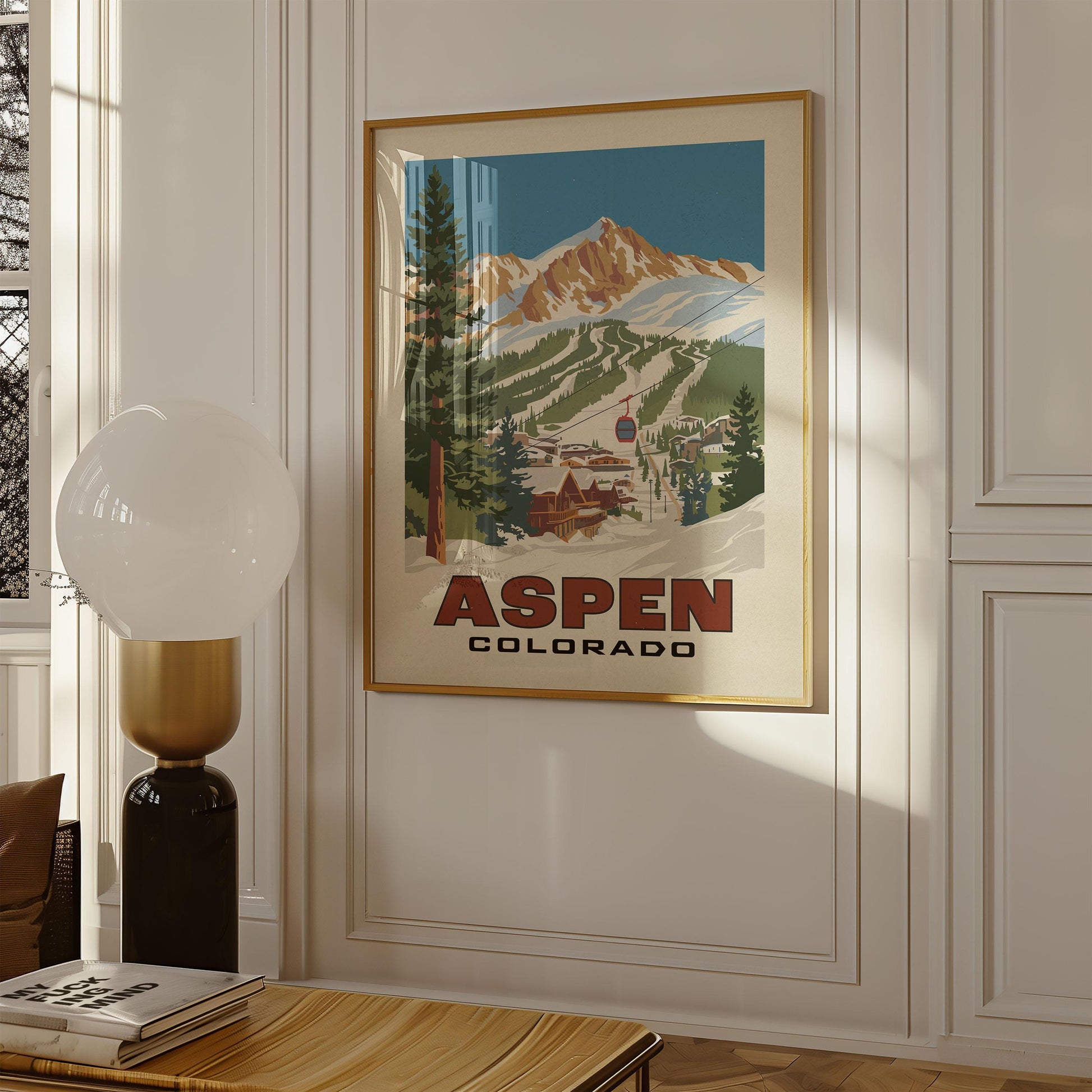a poster hangs on the wall of a living room