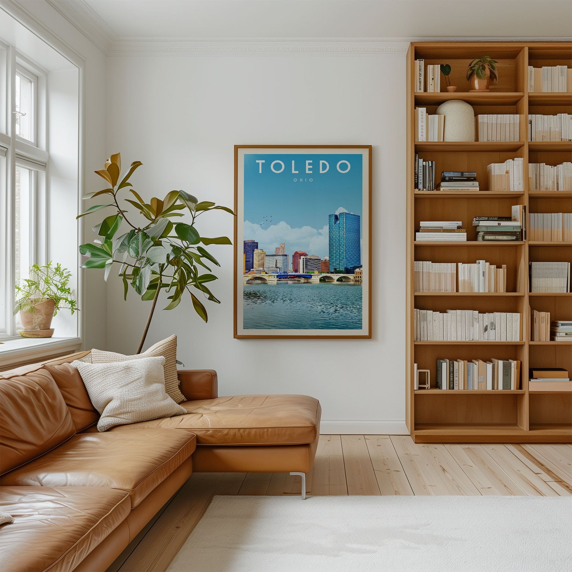 a cozy living room with a large bookshelf filled with books, a comfortable leather couch, and a framed poster of a city skyline hanging on the wall.
