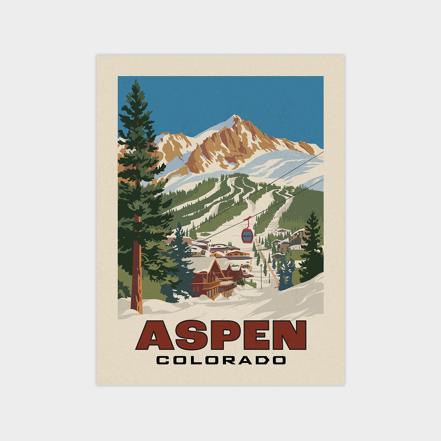a poster of a ski resort with a mountain in the background