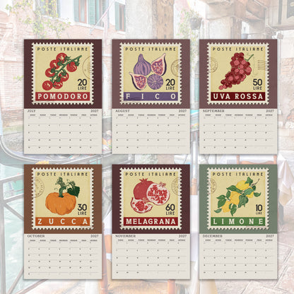 six calendar pages, each featuring a different type of fruit and vegetable, such as tomatoes, pears, grapes, figs, lemons, and melons, along with their respective prices.