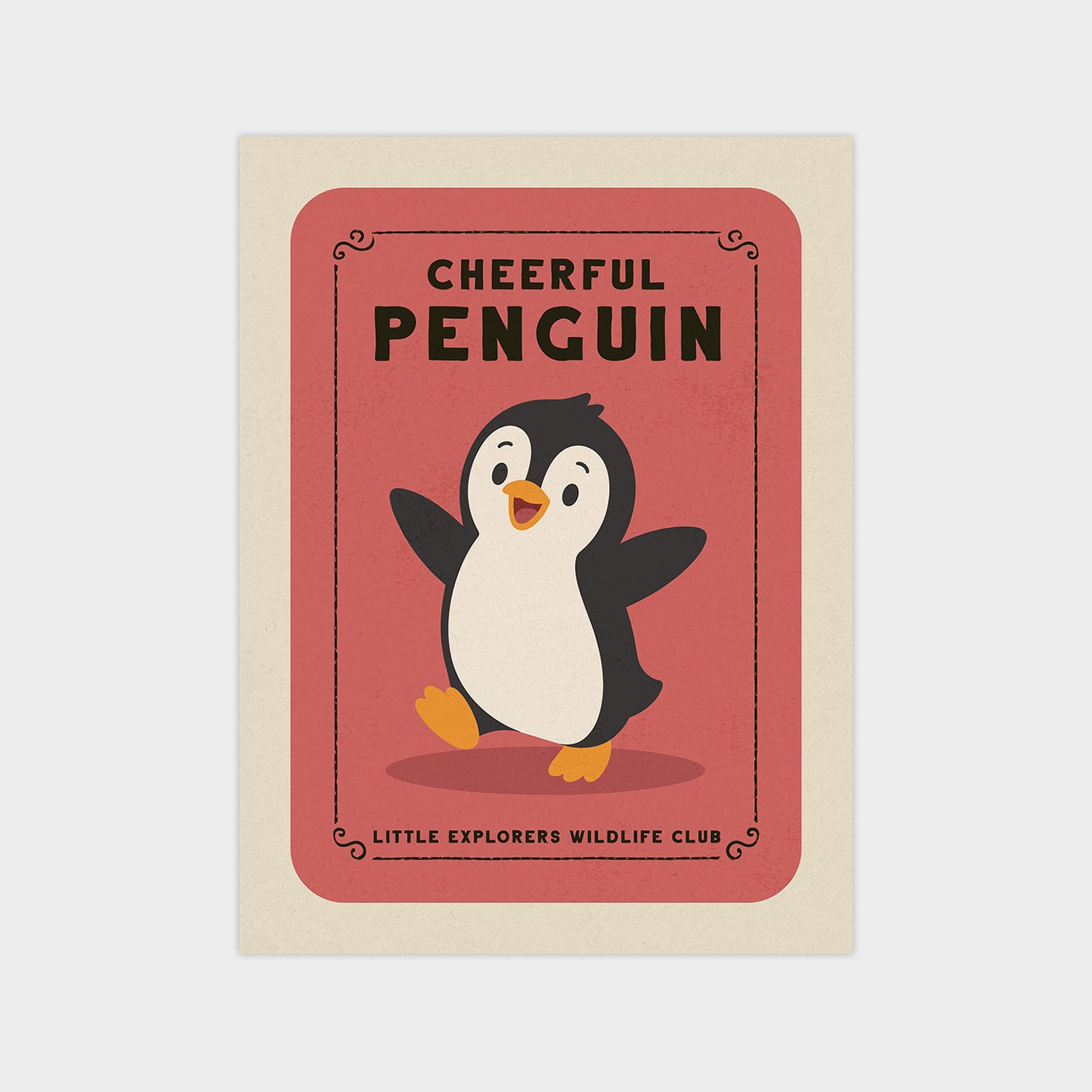 a cheerful penguin standing on one leg against a pink background.