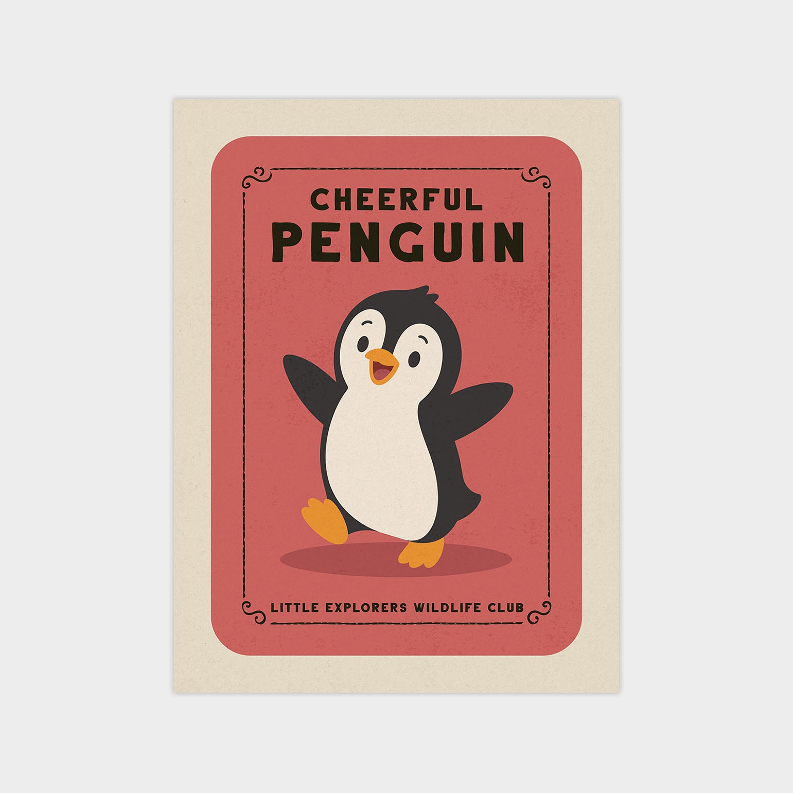 a cheerful penguin standing on one leg against a pink background.