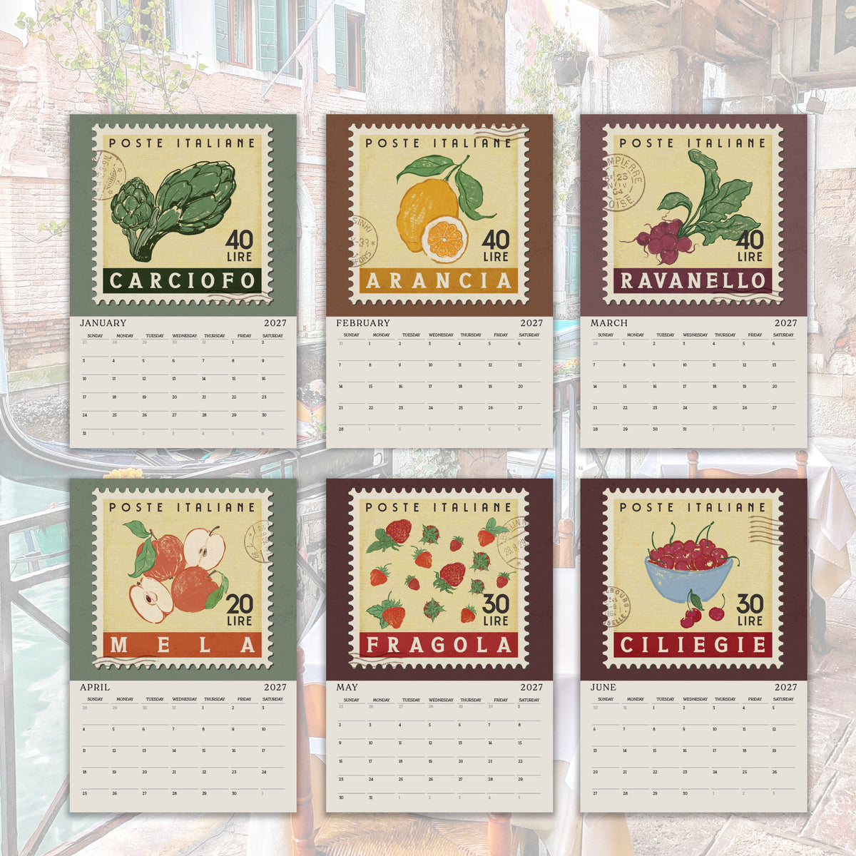 six calendar pages, each featuring a different type of vegetable and fruit, along with the text "POSTE ITALIERE" and "40 LIRE". The vegetables and fruits include carrots, oranges, and cherries. The calendar pages are arranged in a grid format, with each page displaying a different vegetable and fruit illustration.
