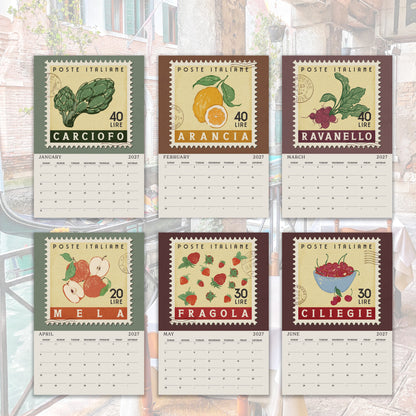 six calendar pages, each featuring a different type of vegetable and fruit, along with the text "POSTE ITALIERE" and "40 LIRE". The vegetables and fruits include carrots, oranges, and cherries. The calendar pages are arranged in a grid format, with each page displaying a different vegetable and fruit illustration.