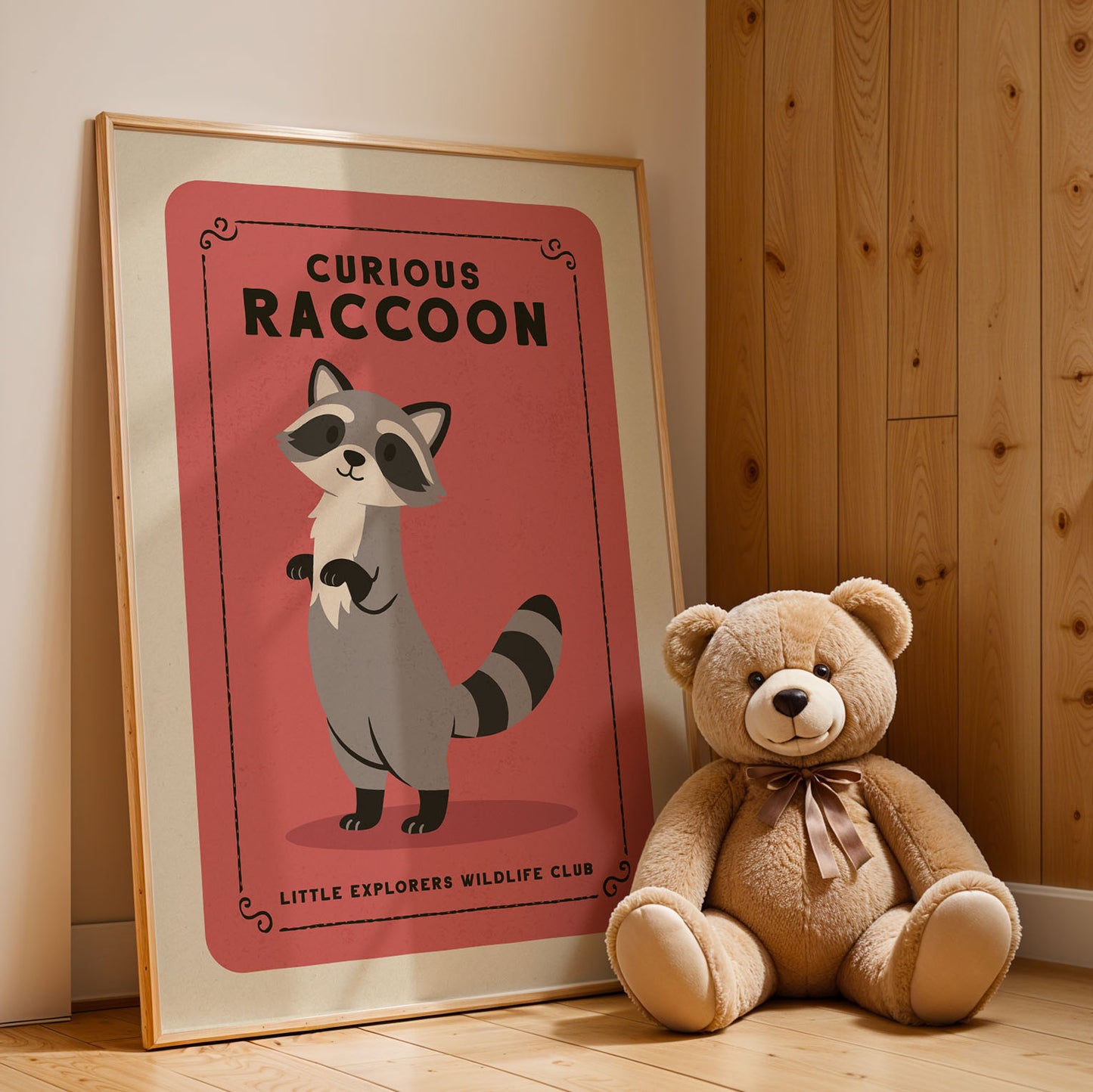 a poster of a raccoon and a teddy bear sitting next to each other on a wooden floor.