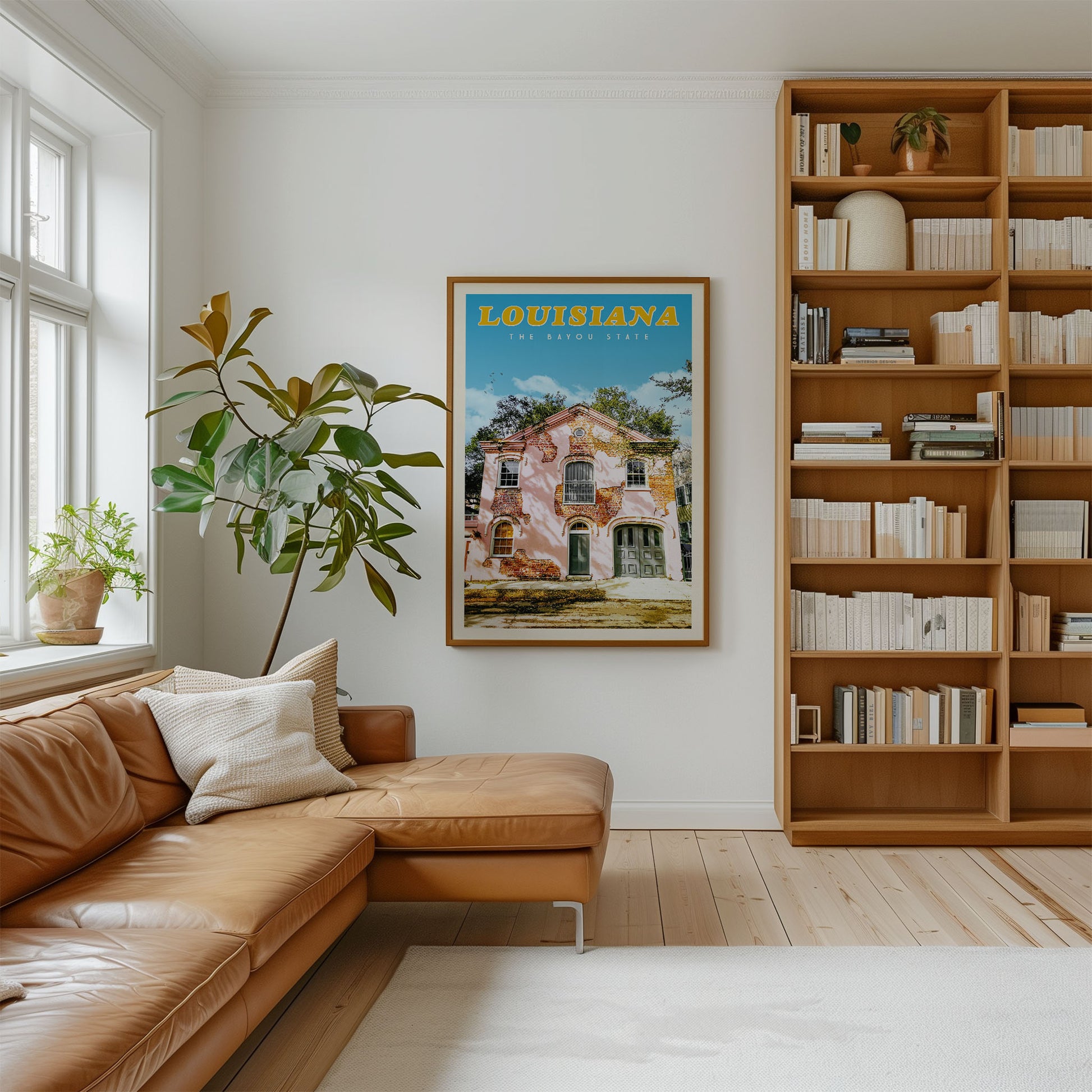 a cozy living room with a large bookshelf filled with books, a comfortable leather couch, and a framed poster of a house in Louisiana hanging on the wall.