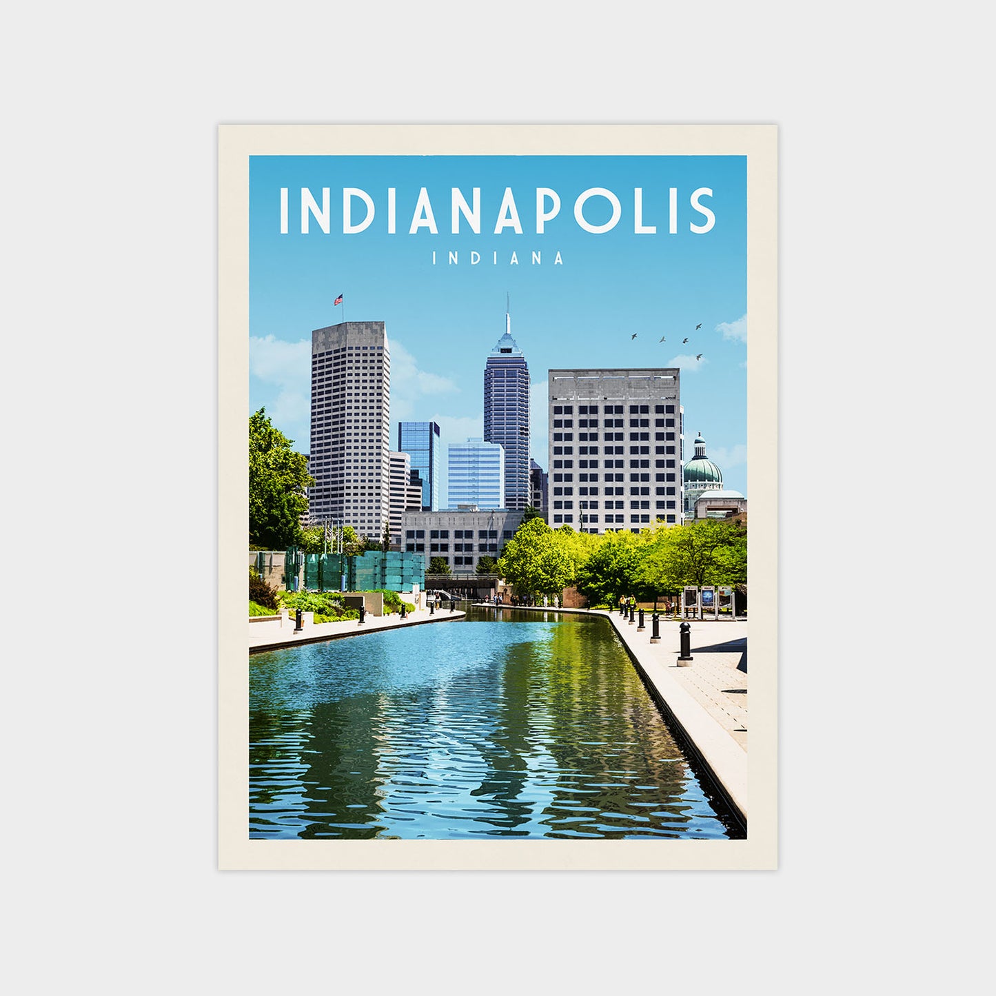 A poster of the skyline of Indianapolis, Indiana, with a large body of water in the foreground and several tall buildings in the background.