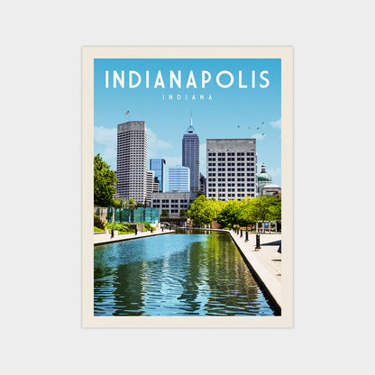A poster of the skyline of Indianapolis, Indiana, with a large body of water in the foreground and several tall buildings in the background.