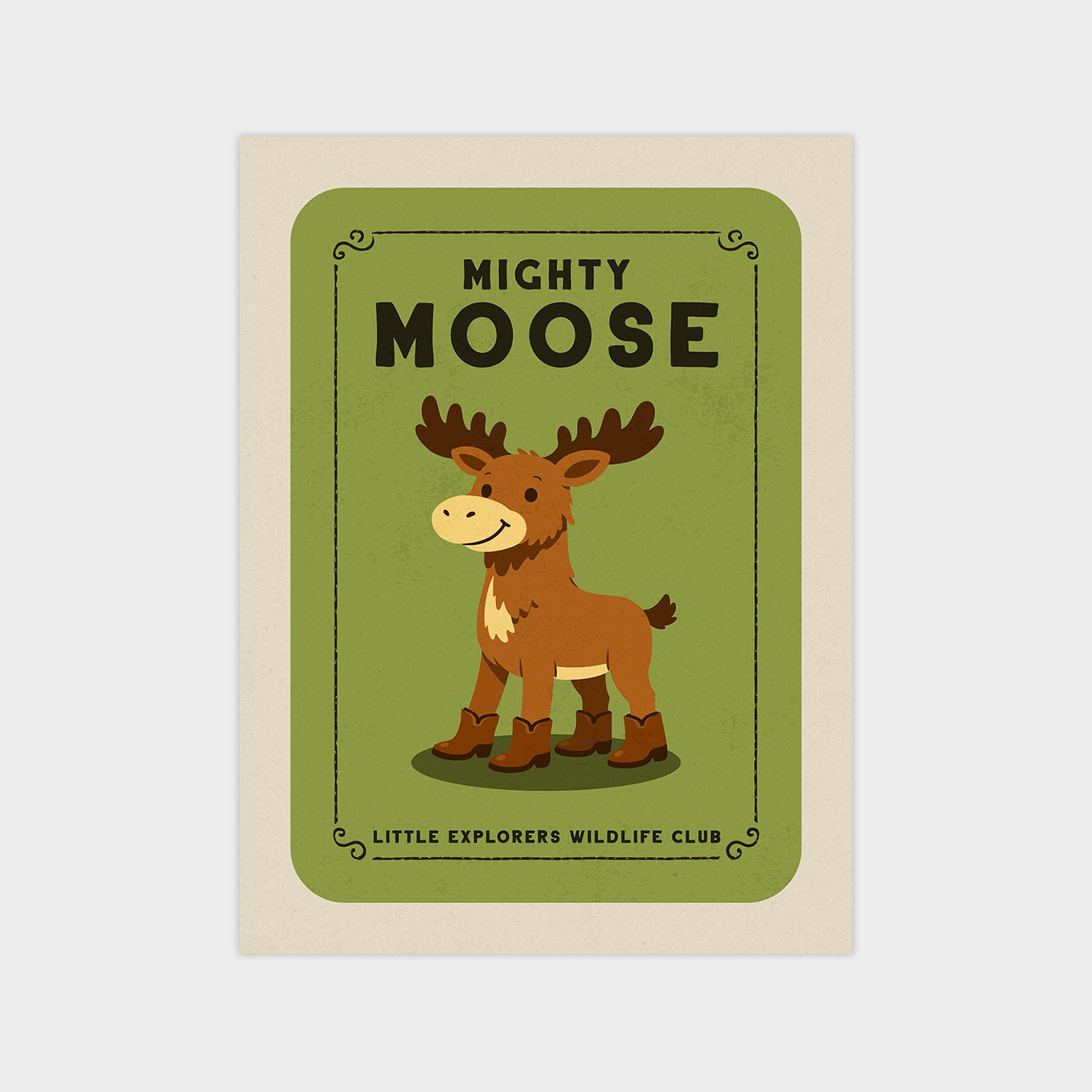 a cartoon moose with antlers, set against a green background with a decorative border.