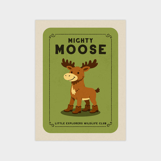 a cartoon moose with antlers, set against a green background with a decorative border.