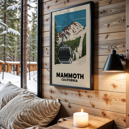 a framed poster of a ski lift in a snowy mountain landscape, hanging on a wooden wall.