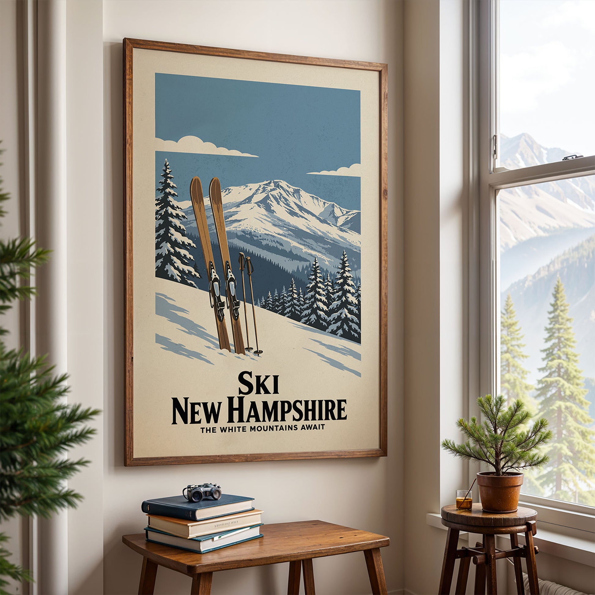 A framed poster of a snowy mountain landscape with skis and pine trees hangs on a wall, with a small table and a potted plant in front of it.