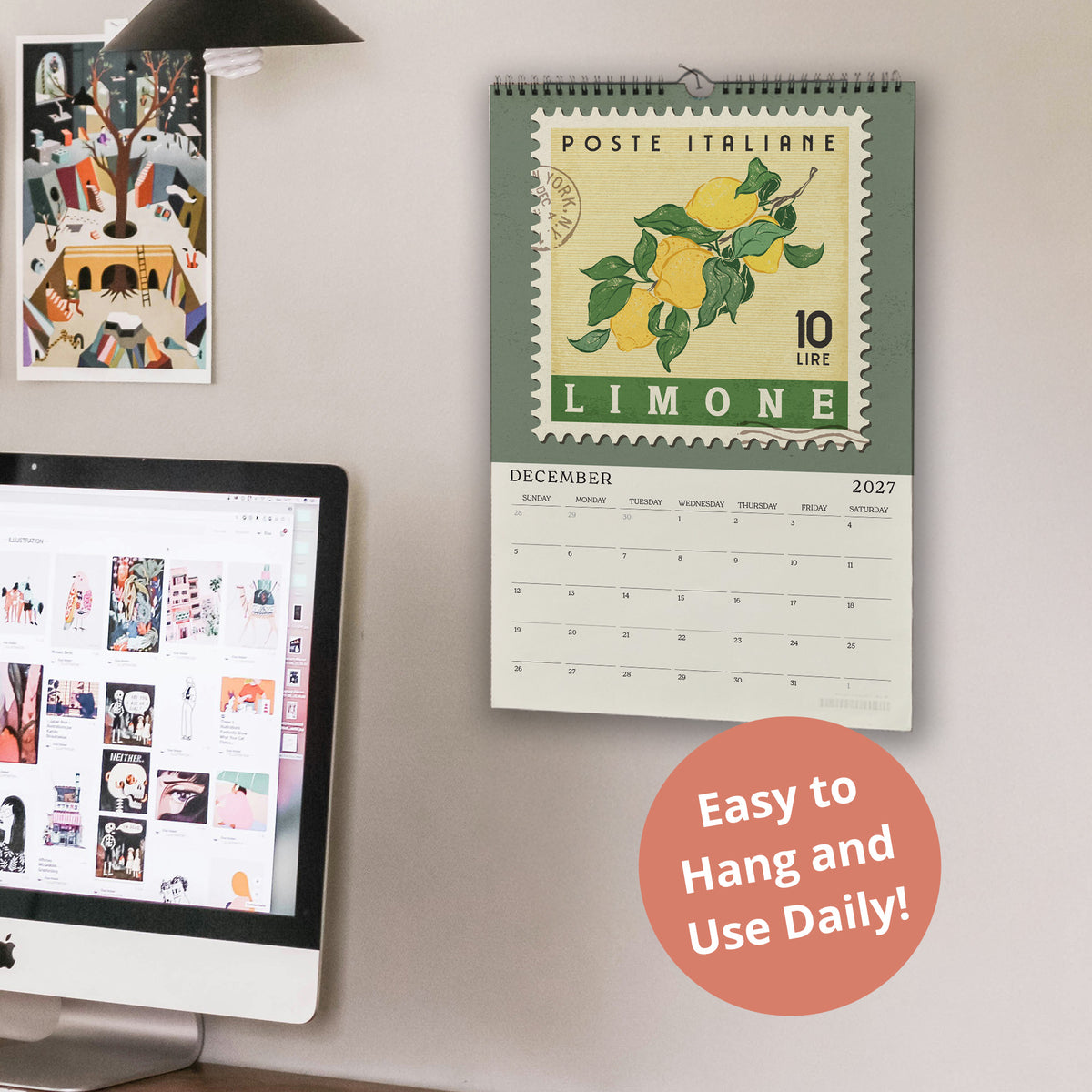 a wall with a calendar and a computer monitor. The calendar displays the date "DECEMBER" and the word "LIMONE". The computer monitor shows a webpage with various images. There is also a text overlay that reads "Easy to Hang and Use Daily!"
