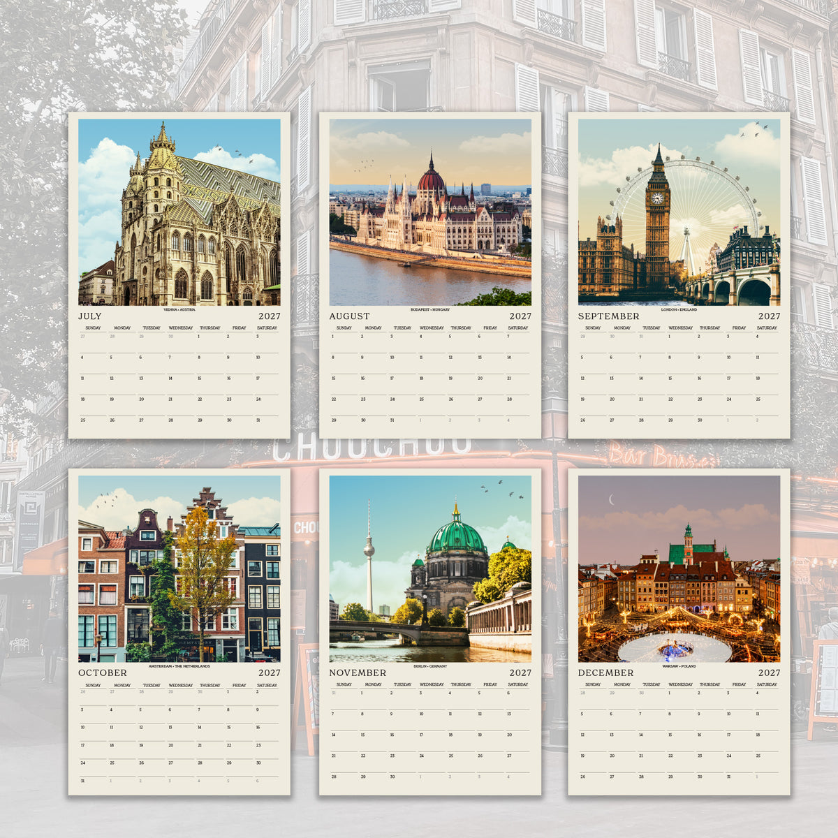 The image is a collage of six calendar pages featuring various cityscapes and landmarks from different cities around the world.