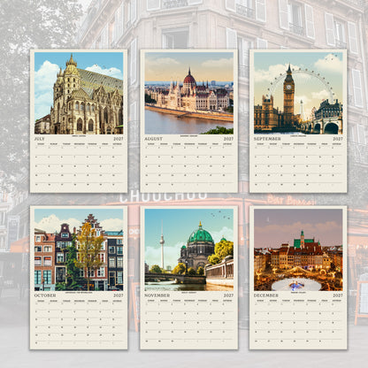 The image is a collage of six calendar pages featuring various cityscapes and landmarks from different cities around the world.