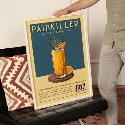 A person is holding up a framed poster advertising a Painkiller classic cocktail.